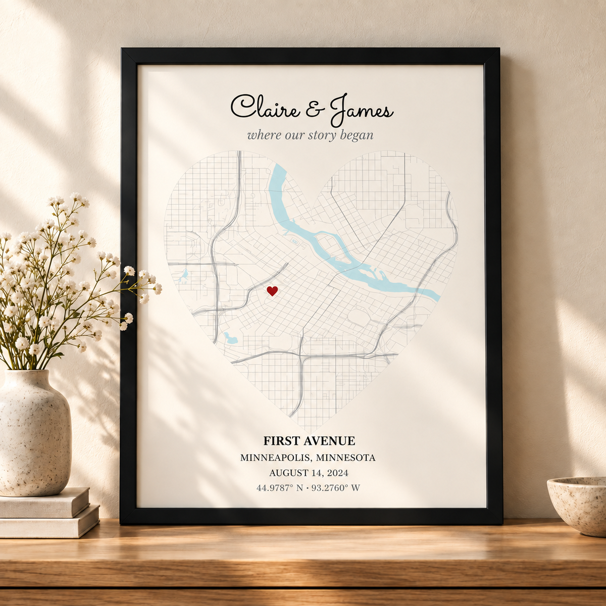 Personalized Heart Map in a black frame