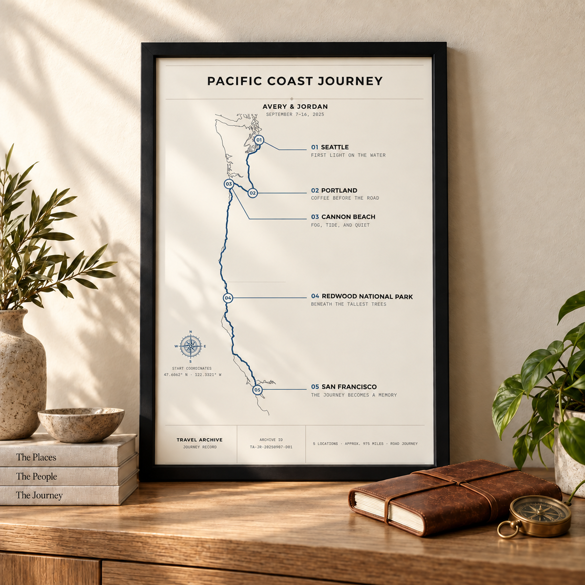 Pacific Coast Journey travel print in a black frame