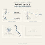 Close-up Travel Journey Map details showing numbered stops, route geography, compass, coordinates, and Archive ID