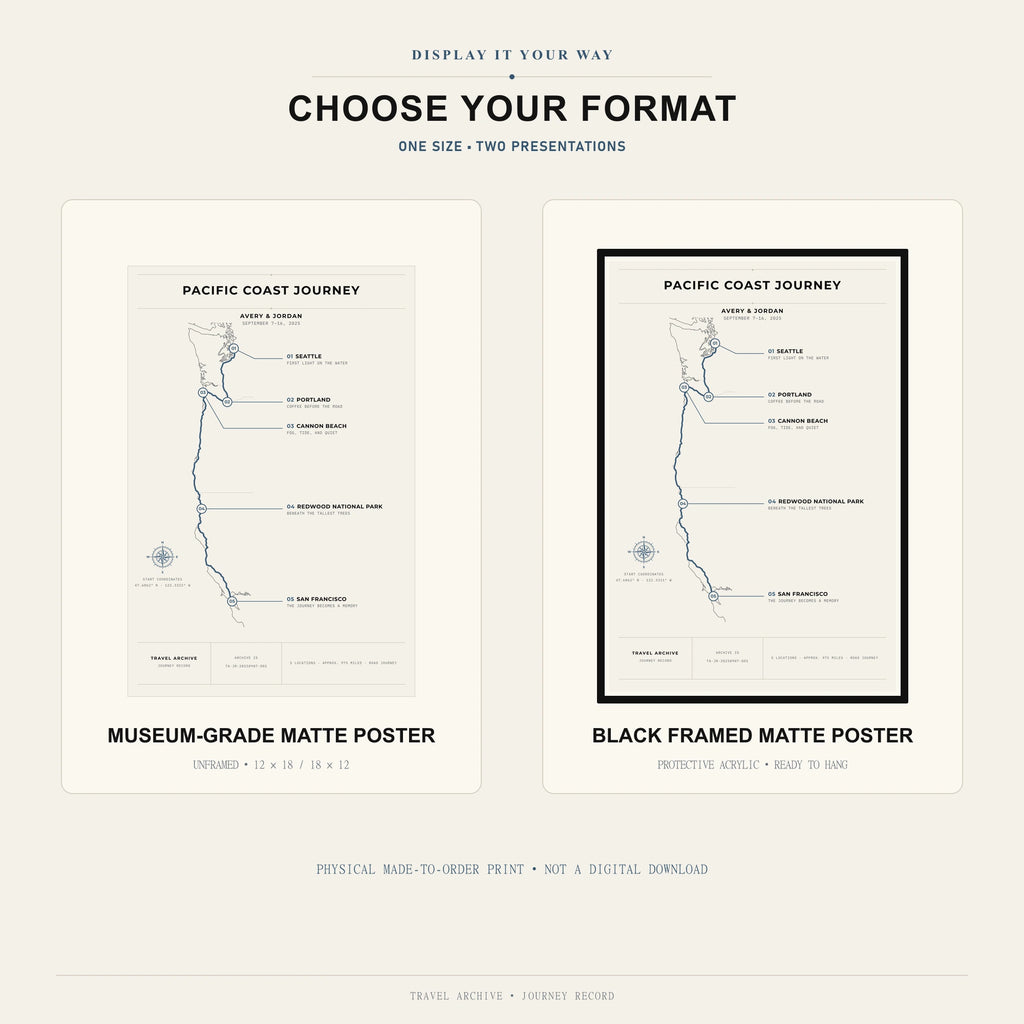 Unframed museum-grade matte poster and black framed matte poster options for the Travel Journey Map