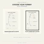 Unframed museum-grade matte poster and black framed matte poster options for the Travel Journey Map