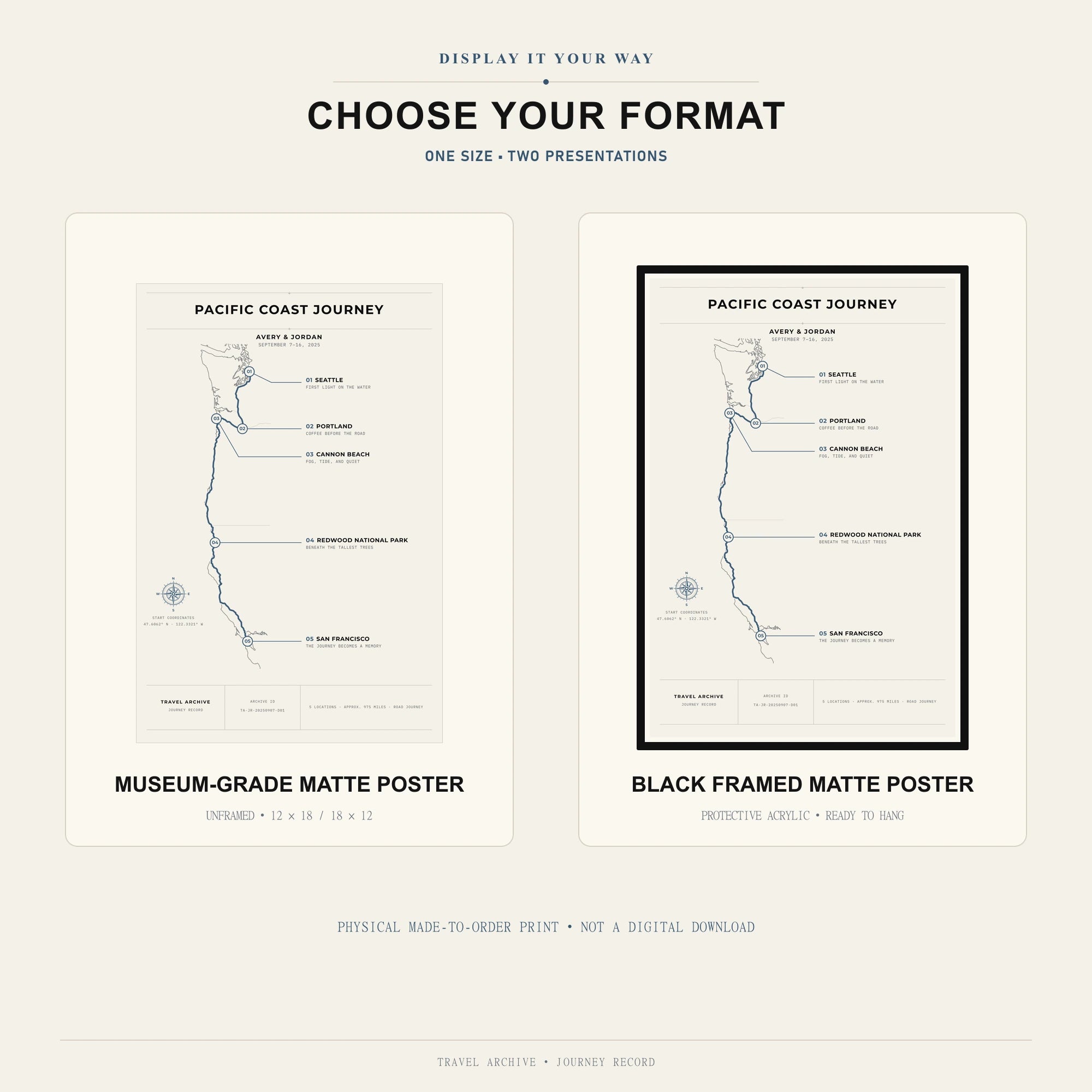 Unframed museum-grade matte poster and black framed matte poster options for the Travel Journey Map