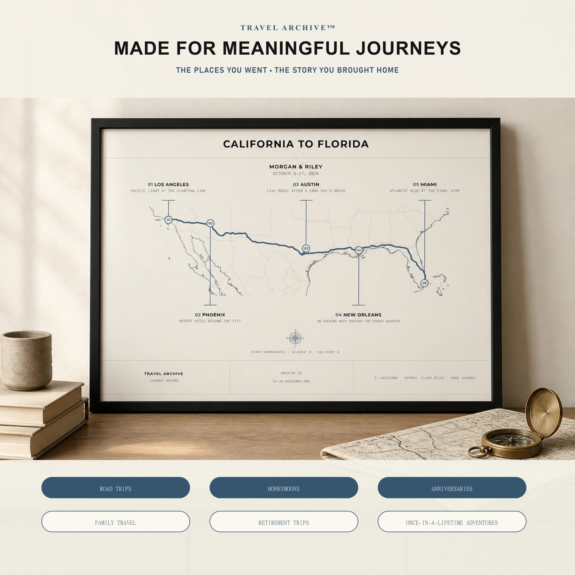Framed personalized Travel Journey Map for road trips, honeymoons, anniversaries, family travel, and milestone adventures