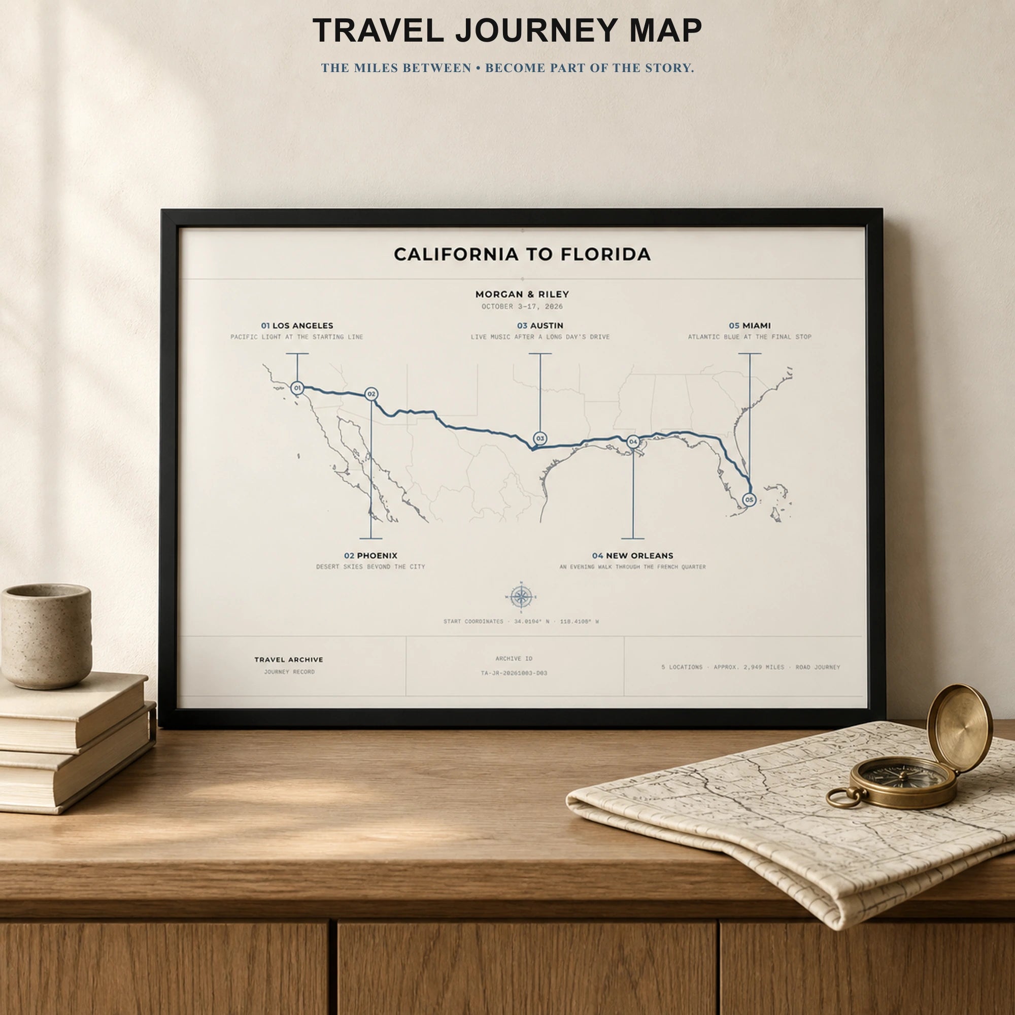 Personalized Travel Journey Map displayed in a black landscape frame with a five-stop California to Florida route