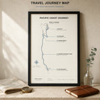 Personalized Travel Journey Map displayed in a black portrait frame with a five-stop Pacific Coast route