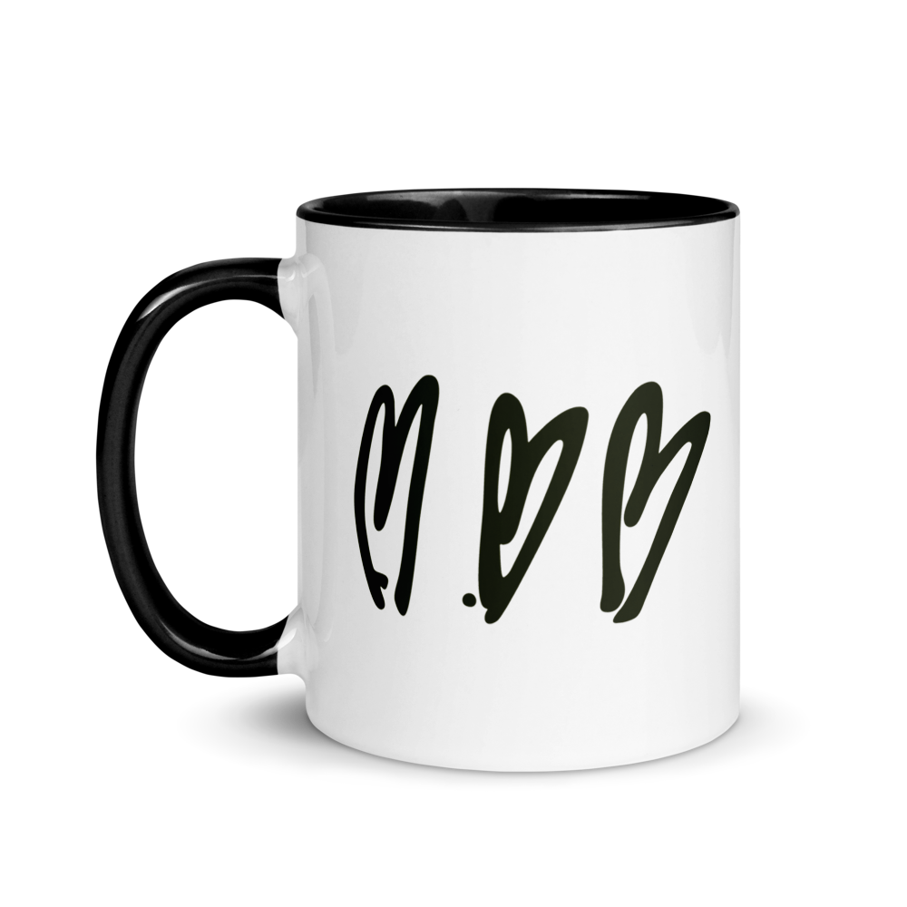 White mug with black interior and handle, featuring three black heart shapes on a white background
