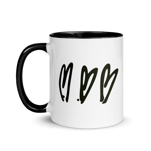 White mug with black interior and handle, featuring three black heart shapes on a white background