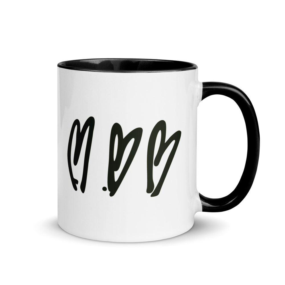 White mug with black interior, handle, and heart design on a white background