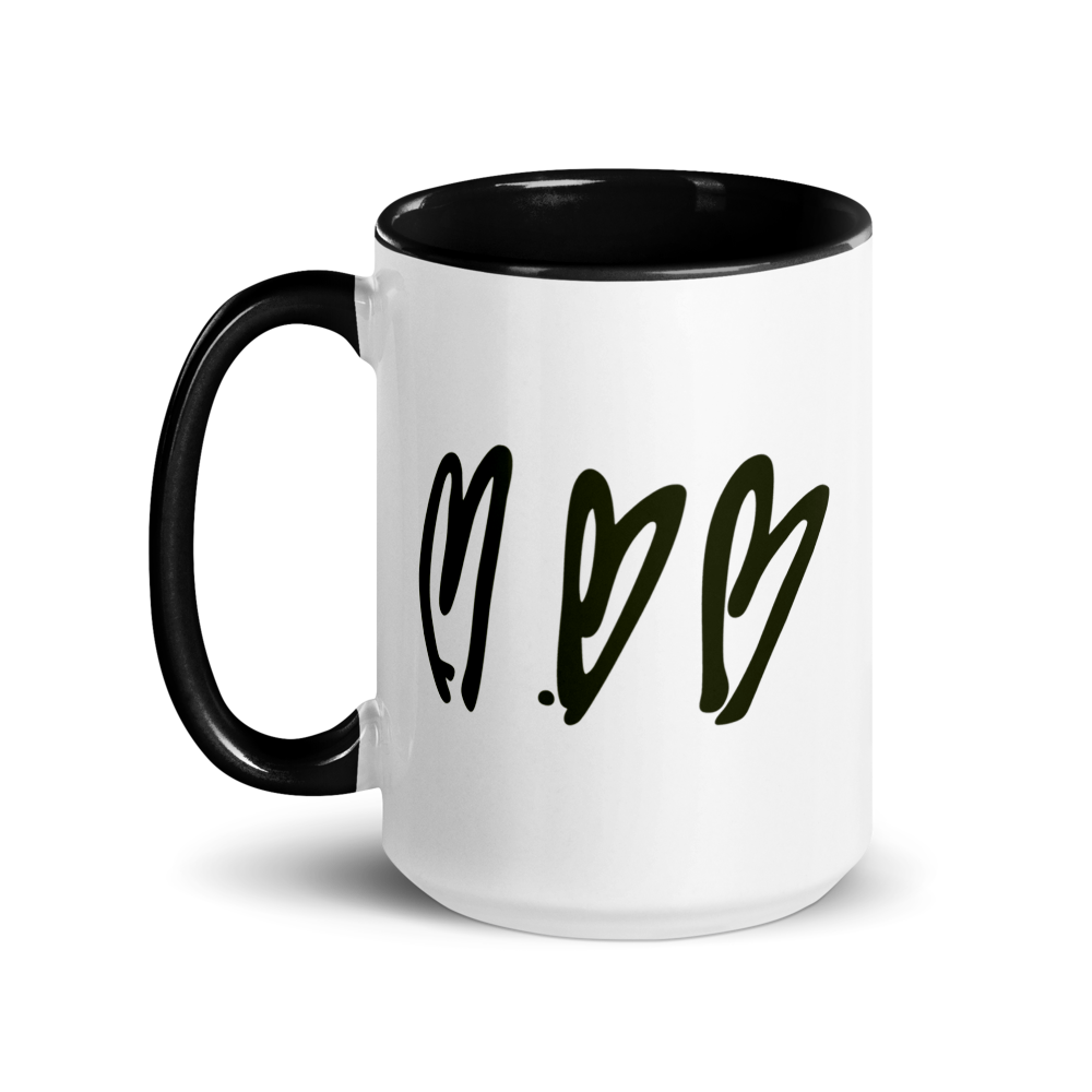 White mug with black interior, handle, and heart design on a white background