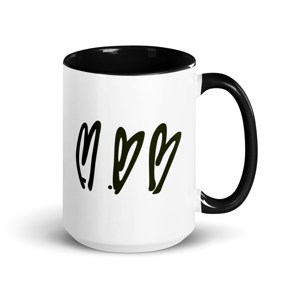White mug with black interior, handle, and heart design on a white background