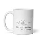 White mug with wave design and text on a white background