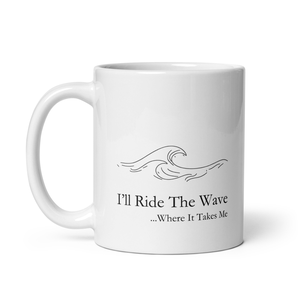 White mug with wave design and text on a white background