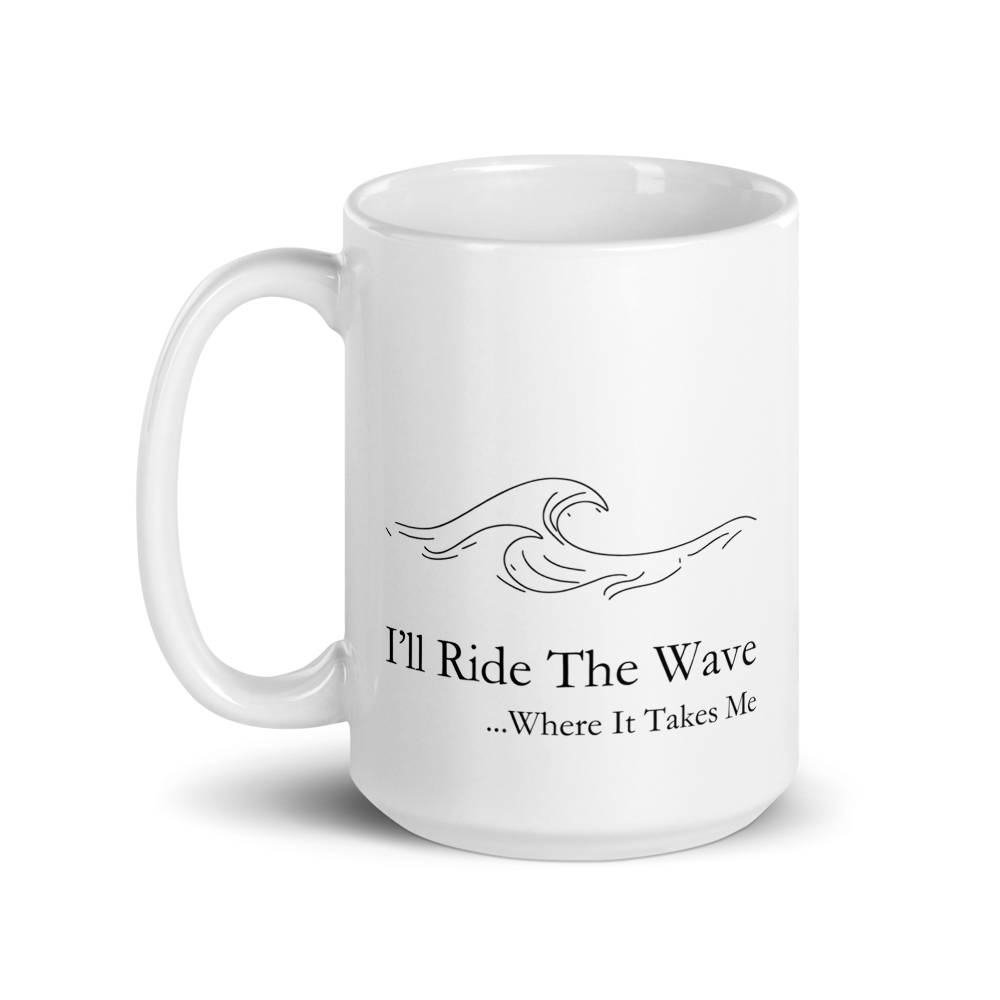 White mug with black 'Wave' logo pattern on a white background