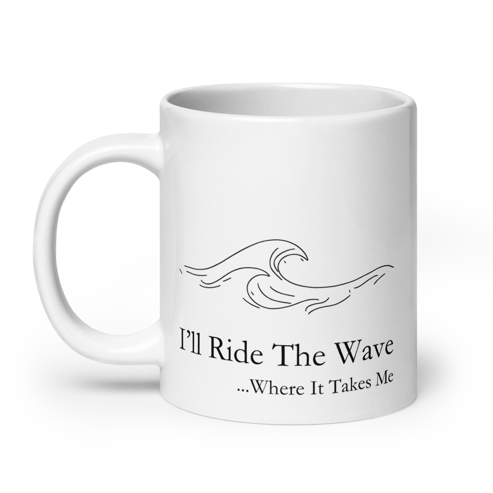White mug with black 'Wave' logo pattern on a white background