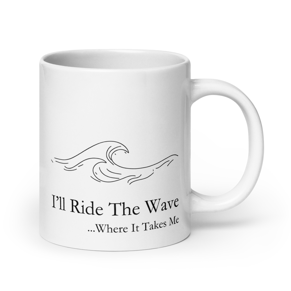 White mug with black 'Wave' logo pattern on a white background