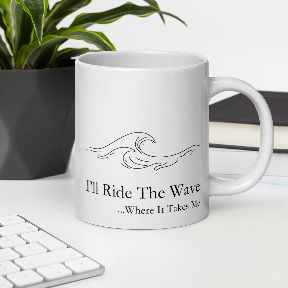White mug with black 'Wave' logo pattern on a white background